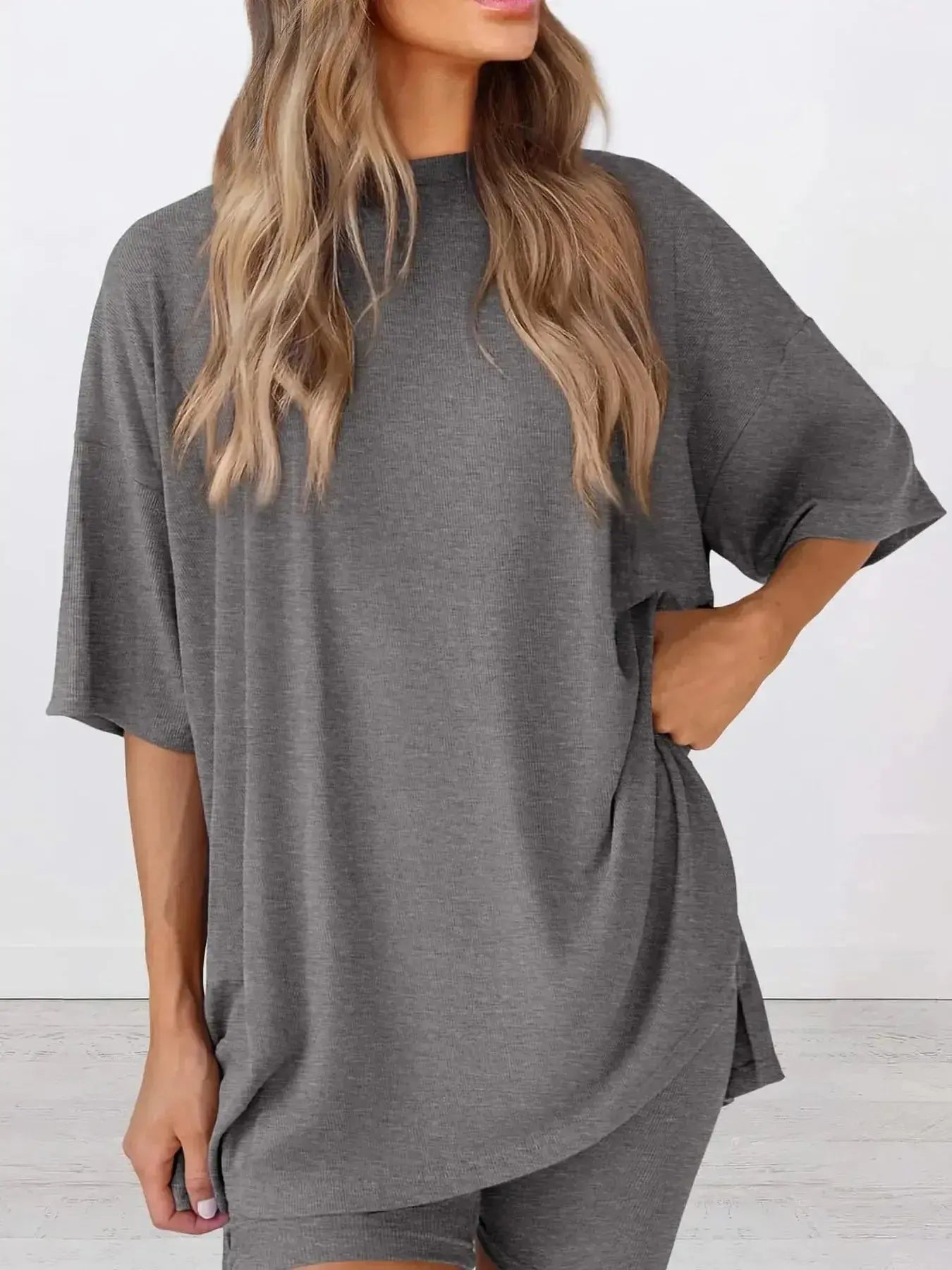 Full Size Oversized Round Neck Top and Shorts Set Plus Size - Plush Fashion Hub