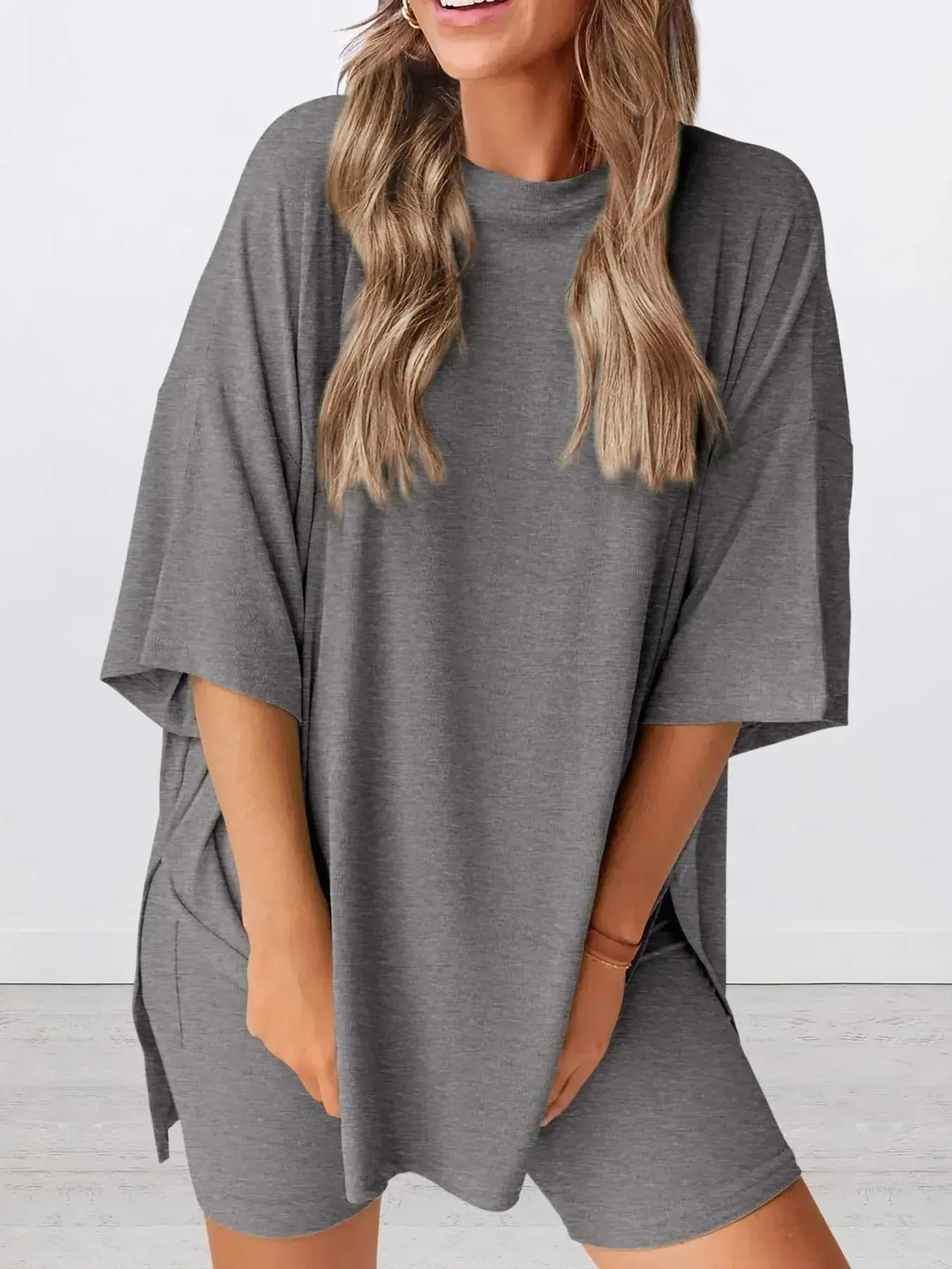Full Size Oversized Round Neck Top and Shorts Set Plus Size - Plush Fashion Hub