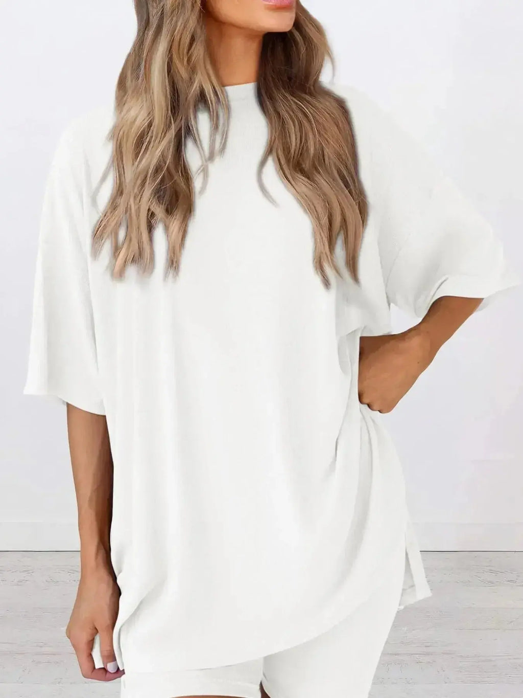 Full Size Oversized Round Neck Top and Shorts Set Plus Size - Plush Fashion Hub