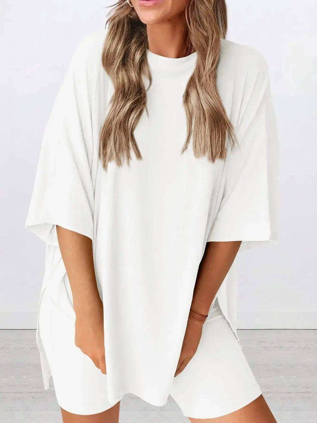 Full Size Oversized Round Neck Top and Shorts Set Plus Size - Plush Fashion Hub