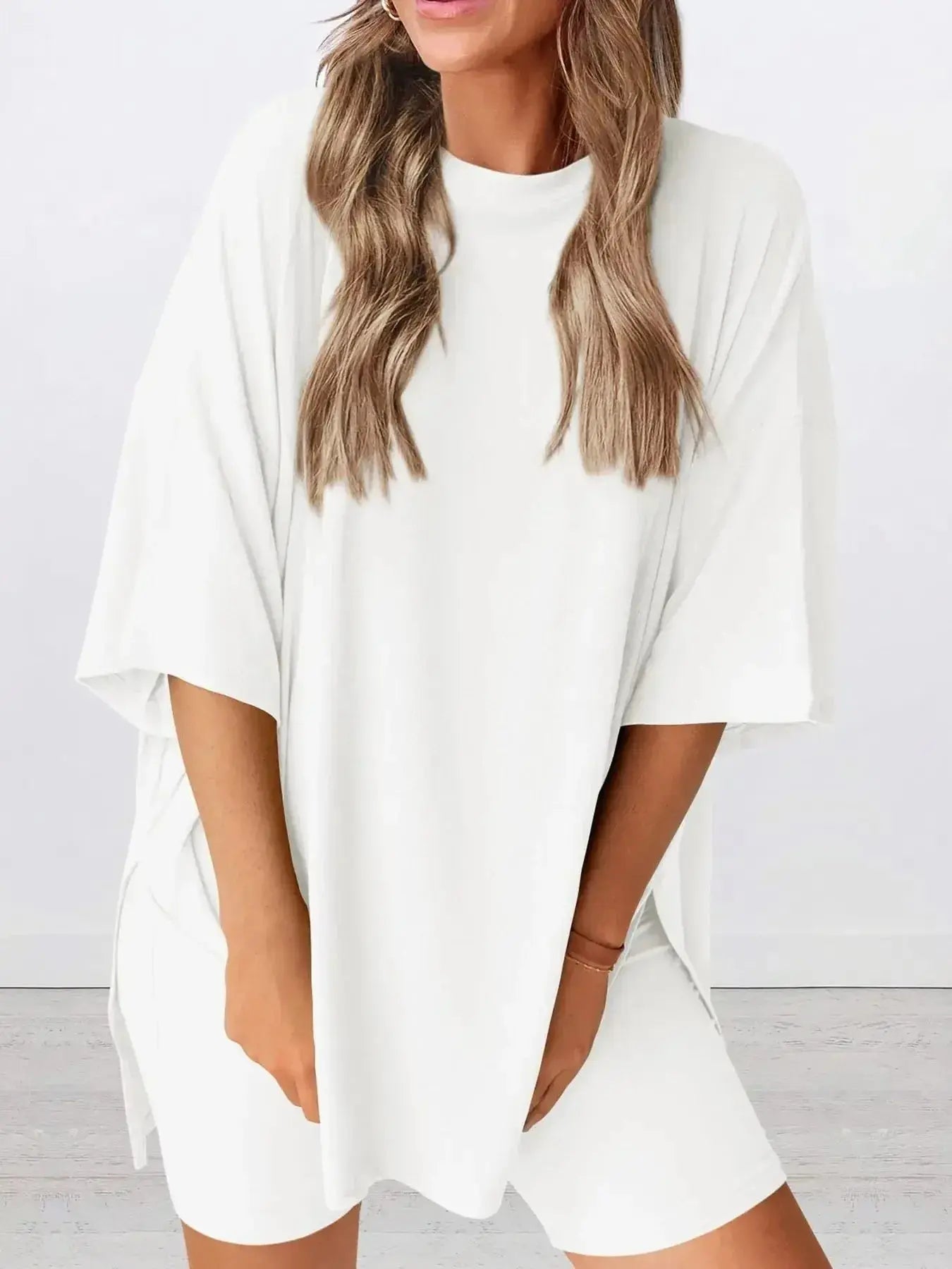 Full Size Oversized Round Neck Top and Shorts Set Plus Size - Plush Fashion Hub