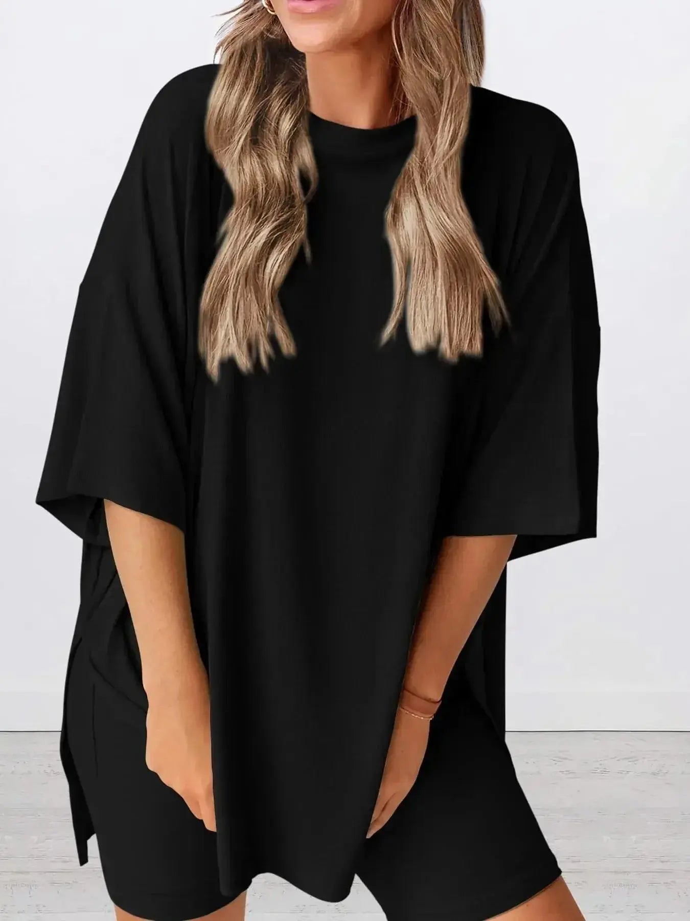 Full Size Oversized Round Neck Top and Shorts Set Plus Size - Plush Fashion Hub