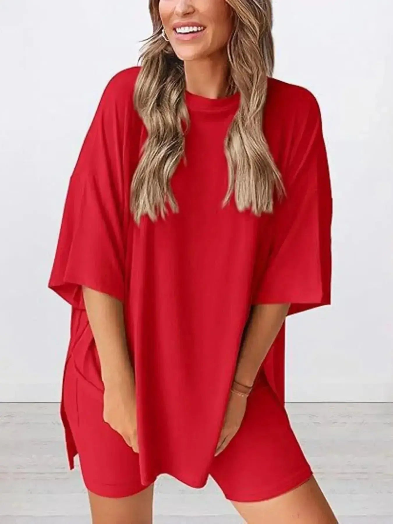 Full Size Oversized Round Neck Top and Shorts Set Plus Size - Plush Fashion Hub