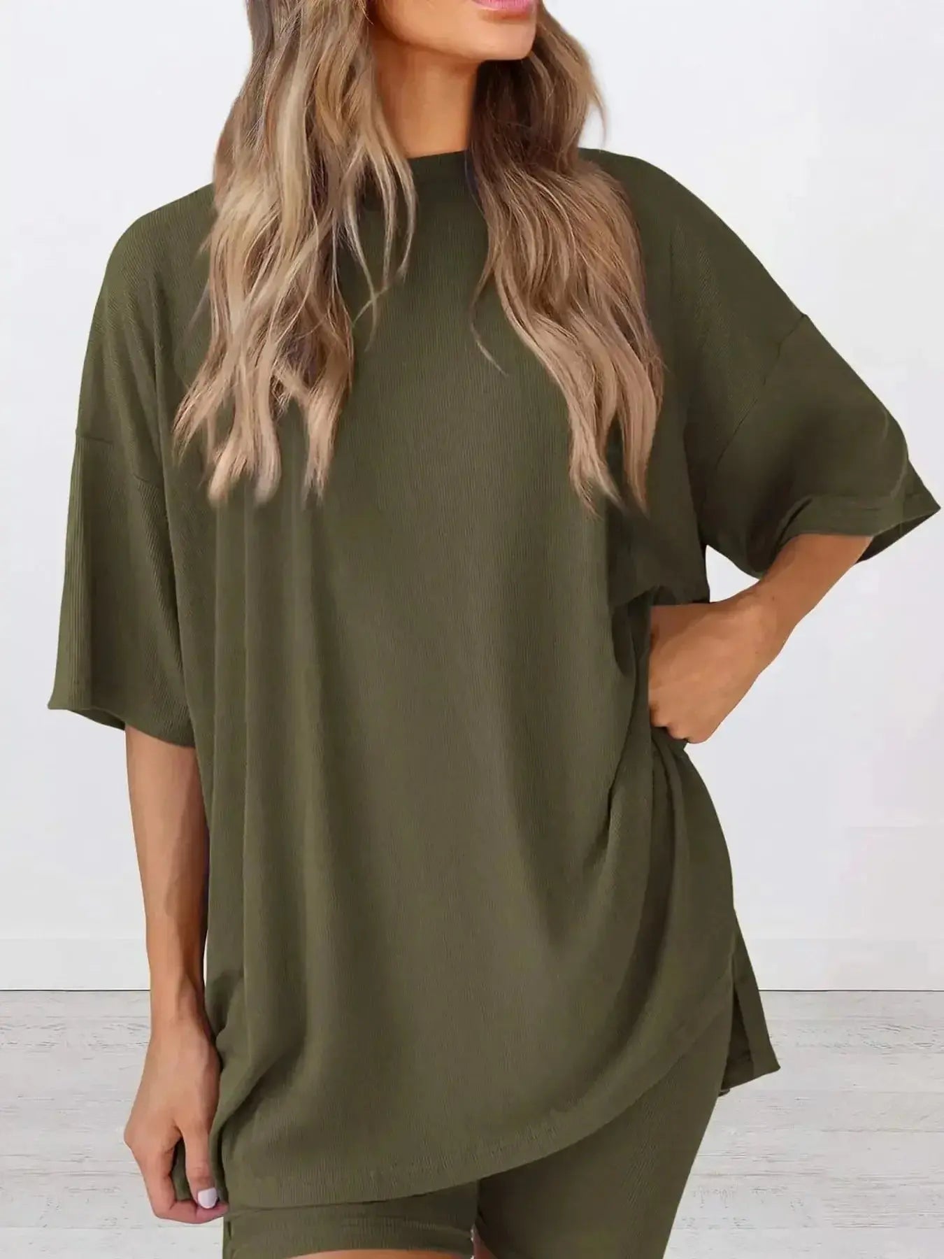 Full Size Oversized Round Neck Top and Shorts Set Plus Size - Plush Fashion Hub