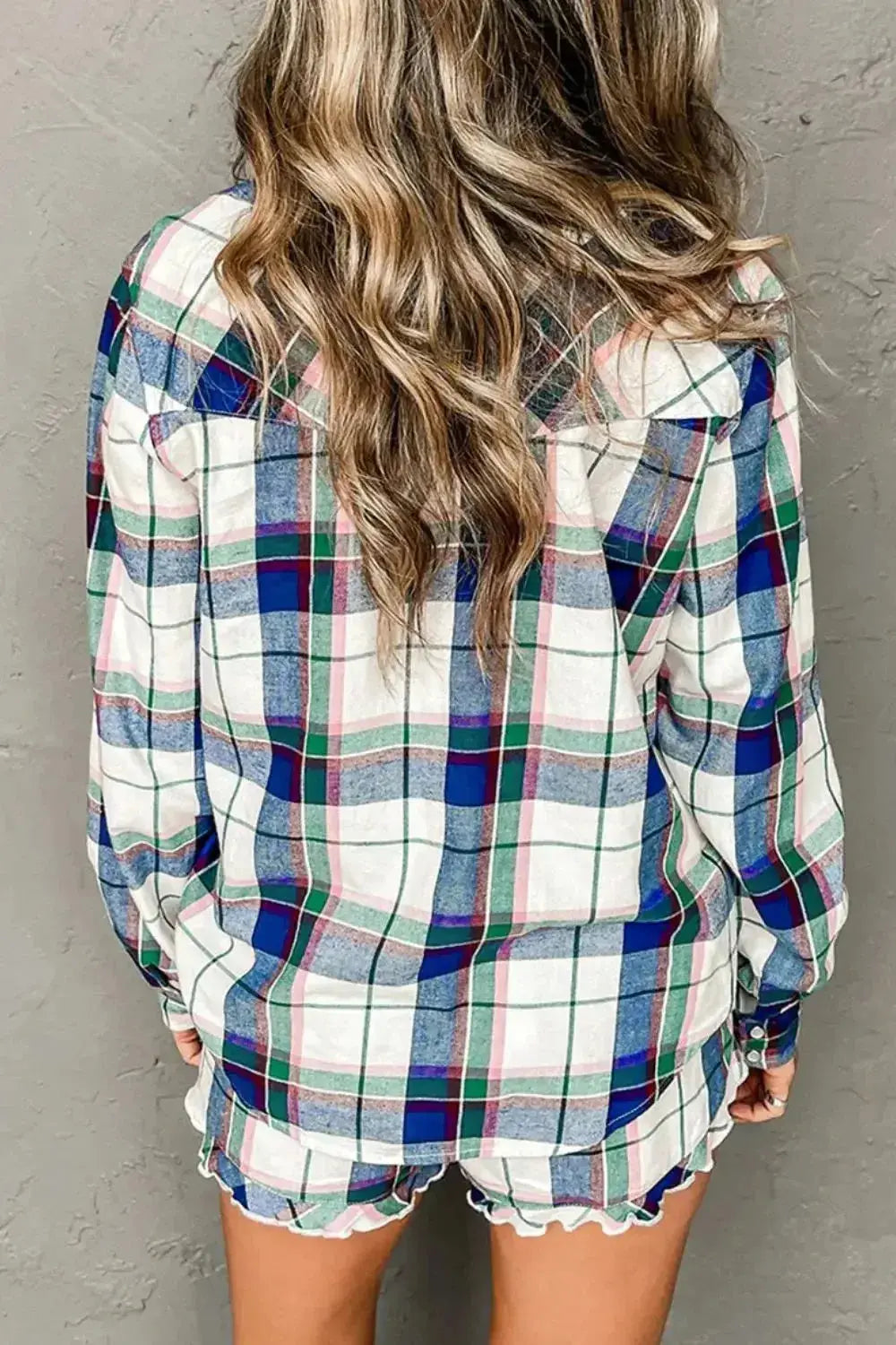 Plaid Snap Down Long Sleeve Top and Shorts Lounge Set - Plush Fashion Hub