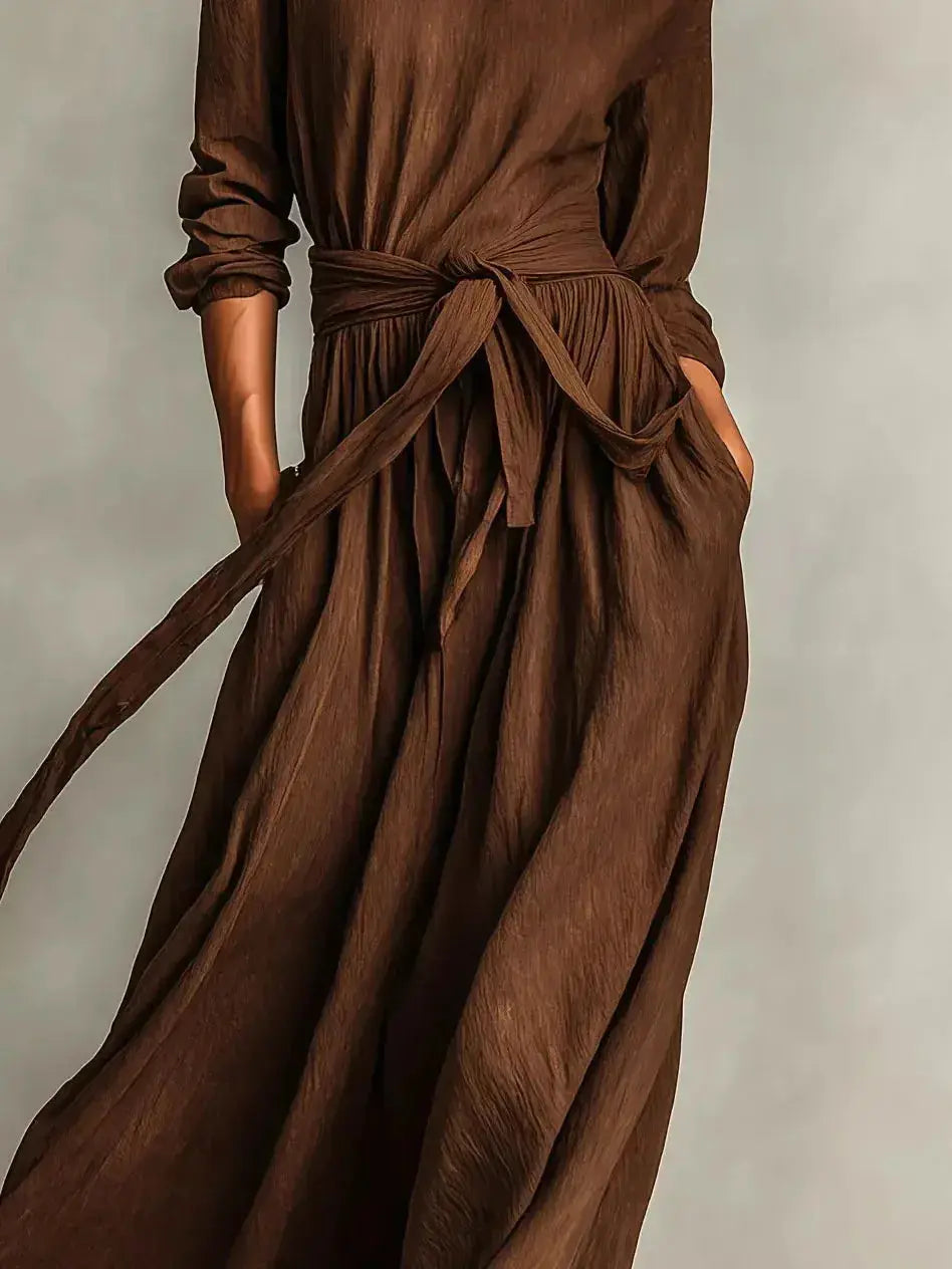 Full Size Long Sleeve Tie Waist Maxi Dress Plus Size - Plush Fashion Hub
