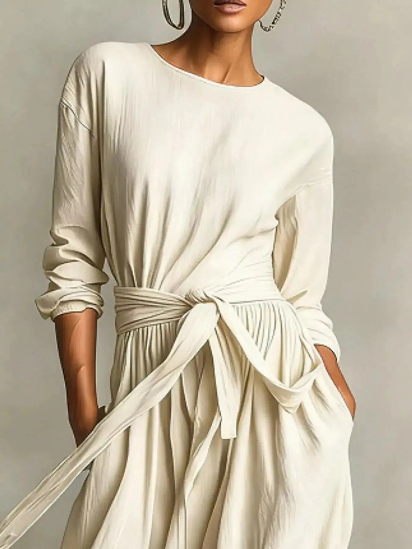 Full Size Long Sleeve Tie Waist Maxi Dress Plus Size - Plush Fashion Hub