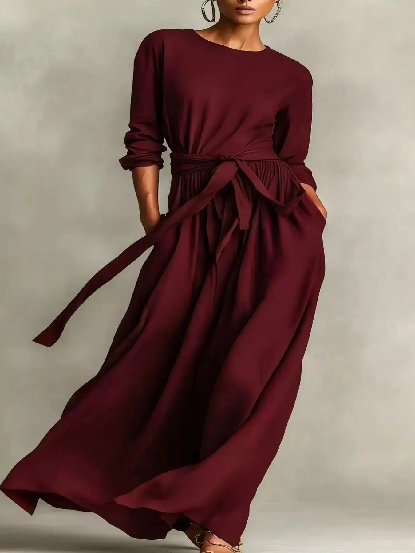 Full Size Long Sleeve Tie Waist Maxi Dress Plus Size - Plush Fashion Hub
