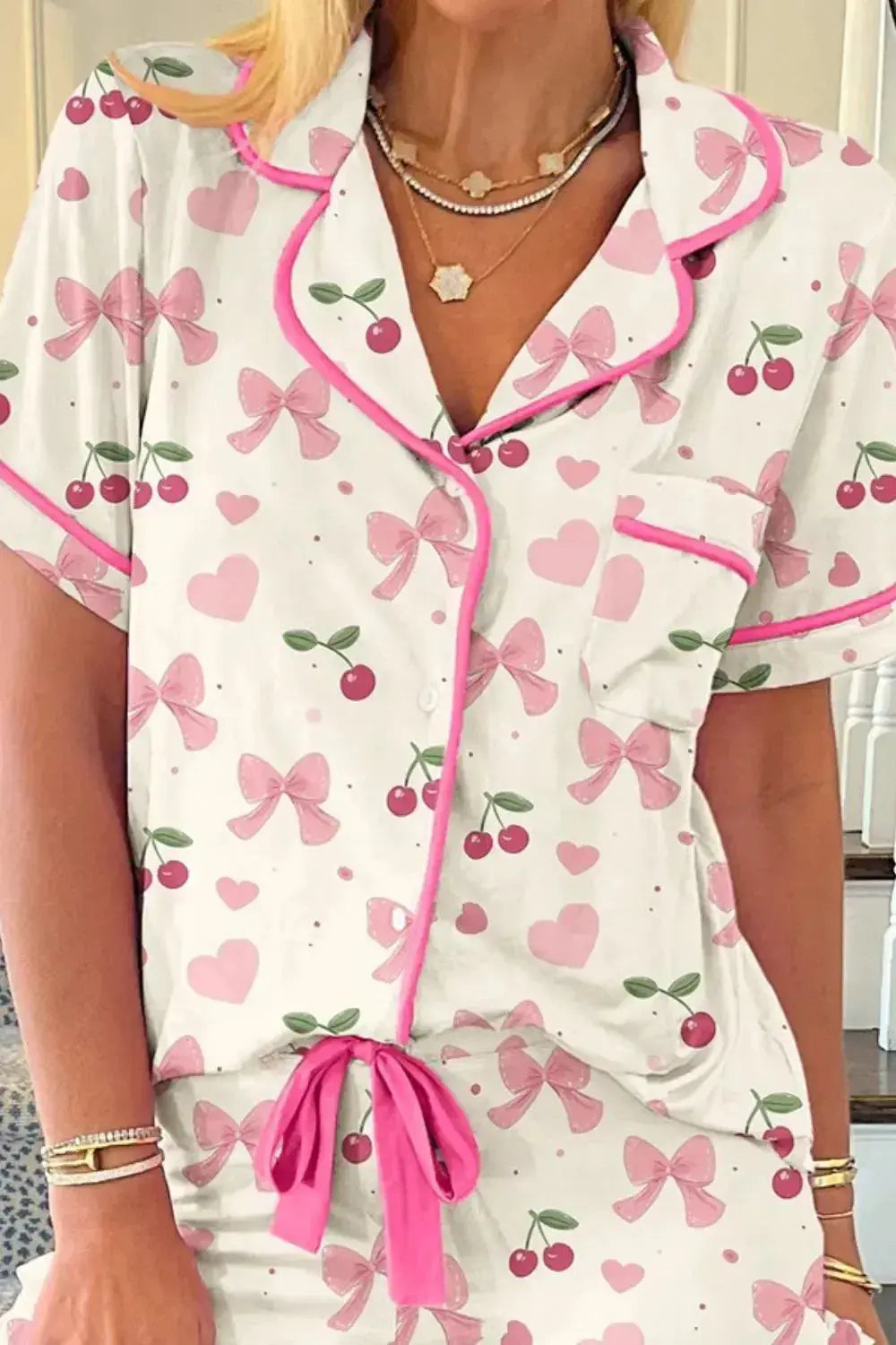 Printed Button Up Short Sleeve Top and Shorts Lounge Set - Plush Fashion Hub