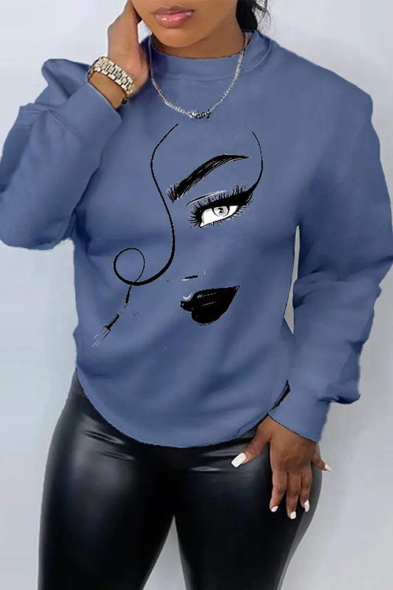 Women's Printed Long Sleeve Crew Neck Casual Loose Sweater - Plush Fashion Hub