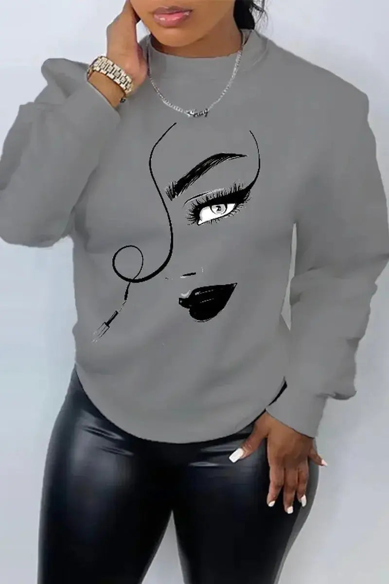 Women's Printed Long Sleeve Crew Neck Casual Loose Sweater - Plush Fashion Hub