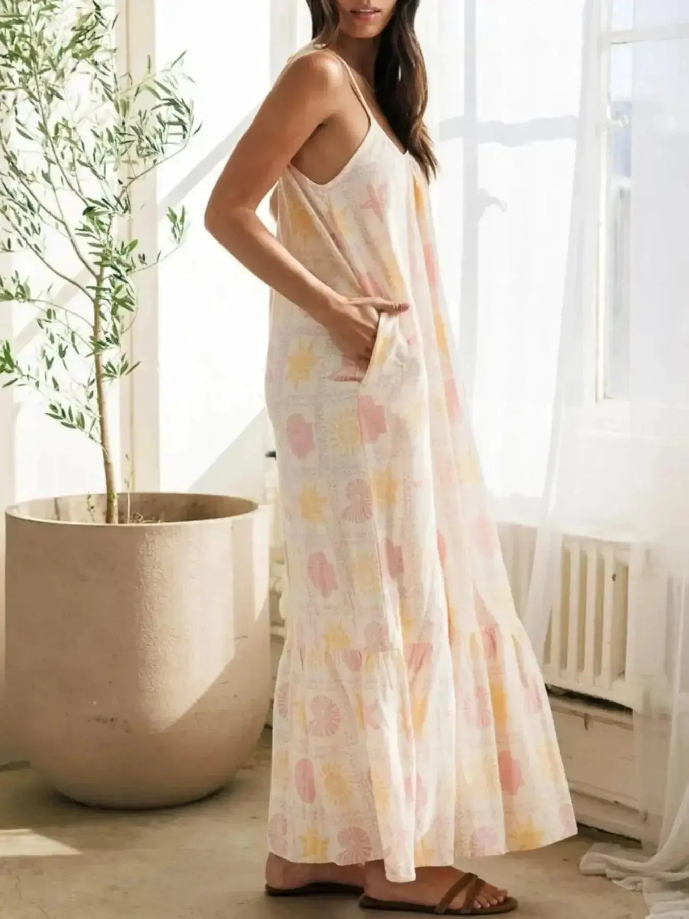 Printed Maxi Lounge Dress with Ruffled Hem - Plush Fashion Hub