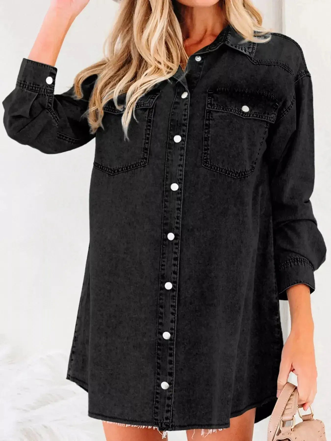 Chest Pocket Raw Hem Denim Loose Shirt Dress - Plush Fashion Hub