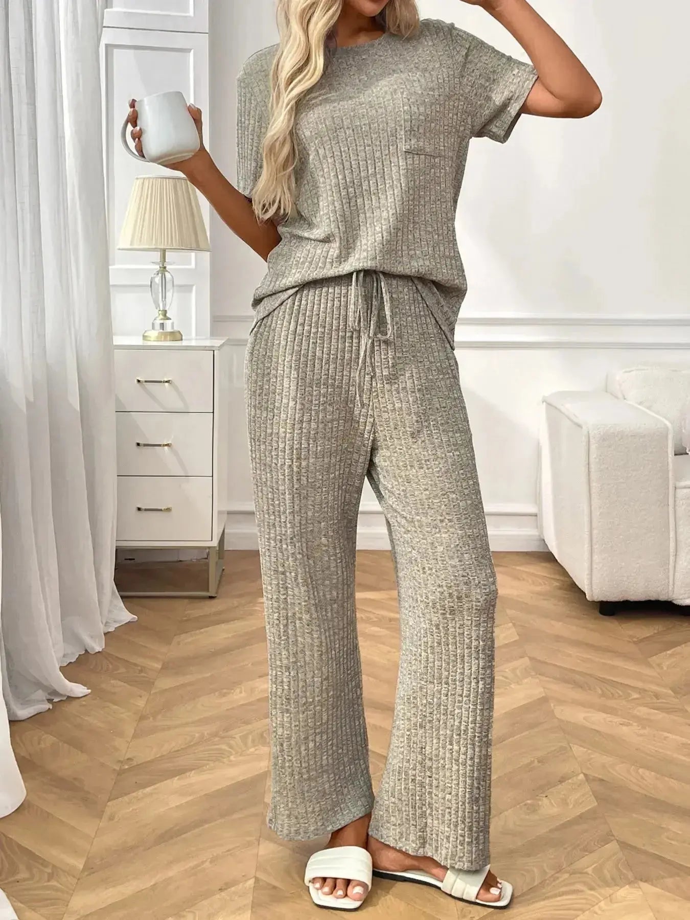 Ribbed Knit Short Sleeve Top and Pants Lounge Set - Plush Fashion Hub