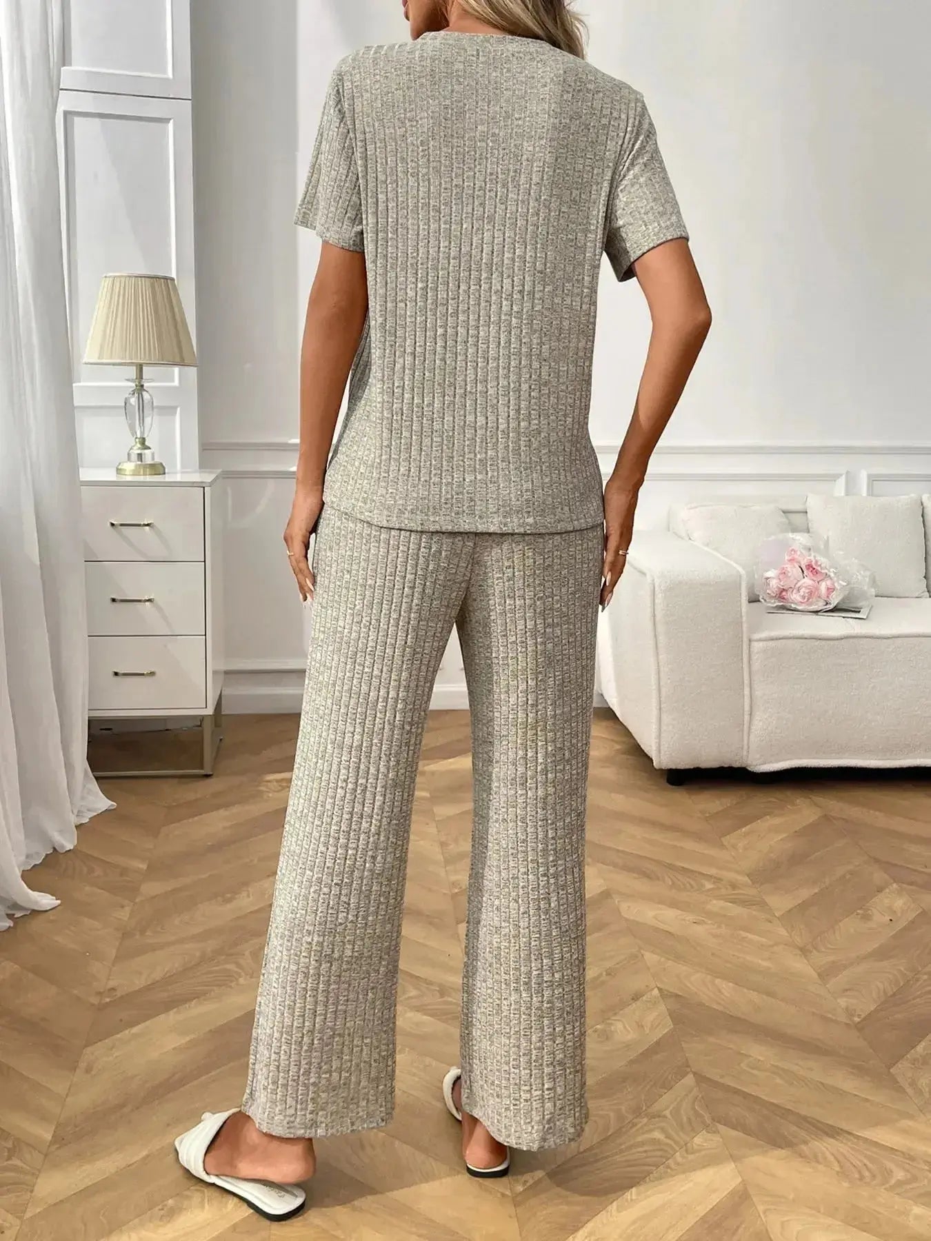 Ribbed Knit Short Sleeve Top and Pants Lounge Set - Plush Fashion Hub