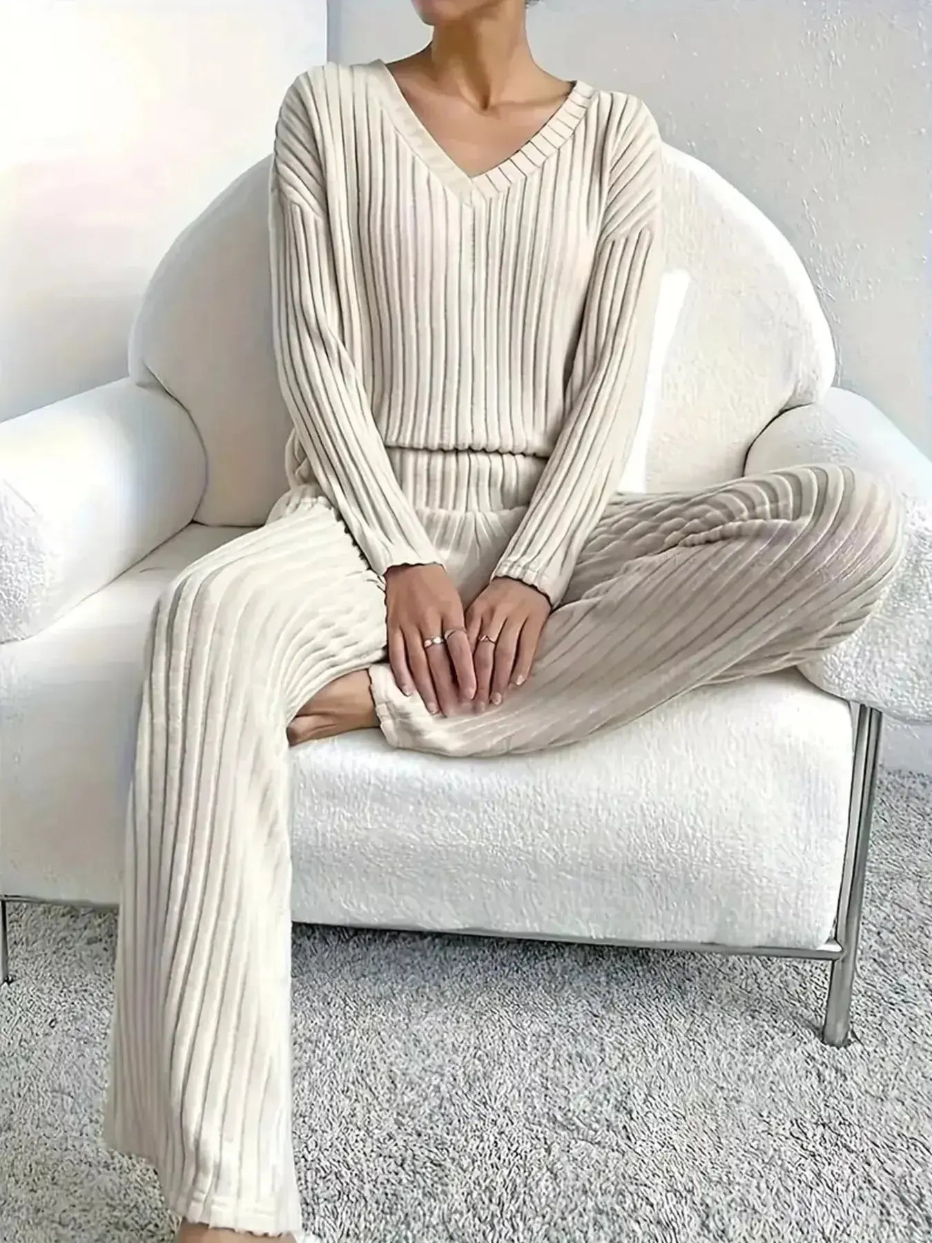 Ribbed Knit V-Neck Top and Pants Set - Plush Fashion Hub