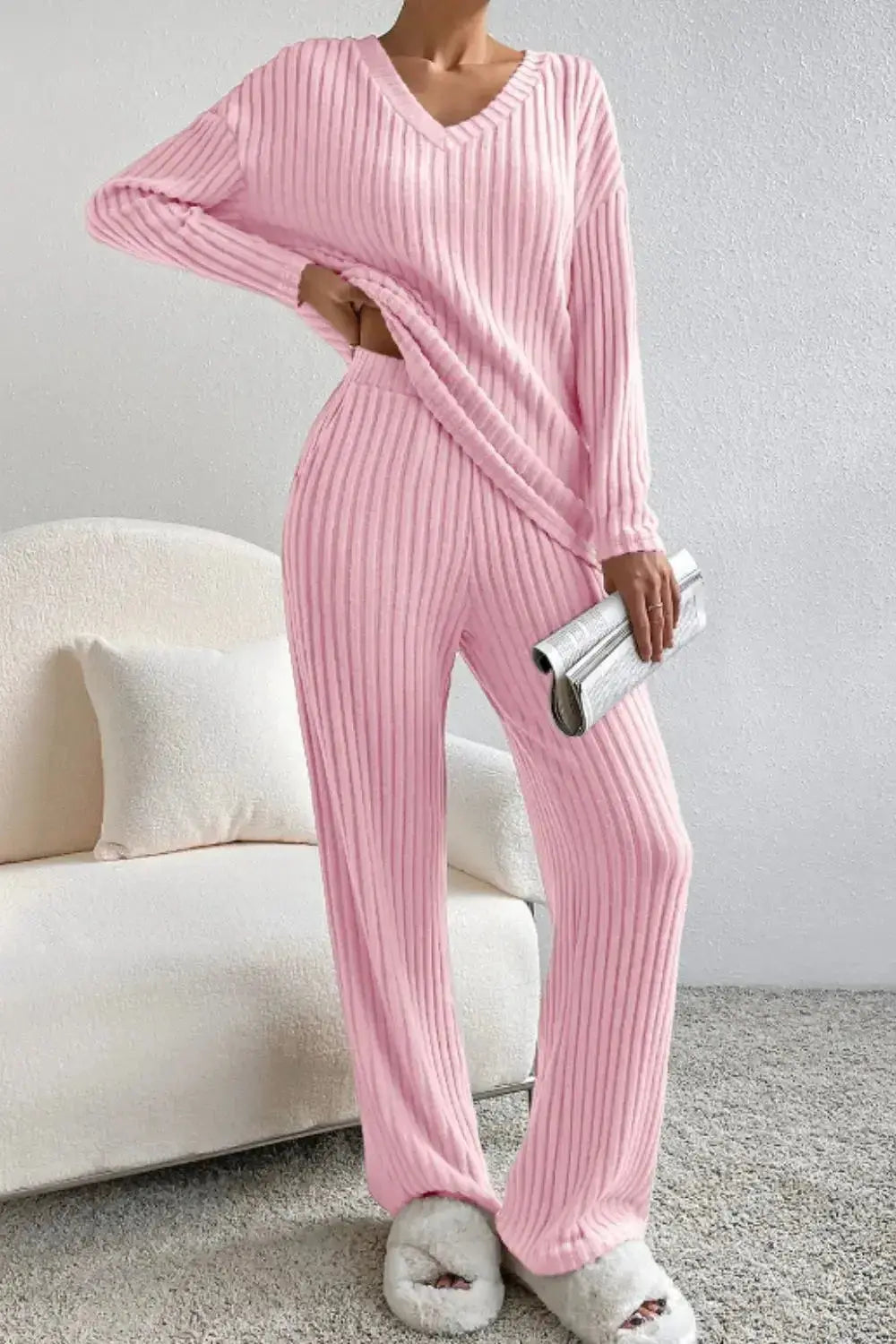 Ribbed V-Neck Top and Pants Lounge Set - Plush Fashion Hub