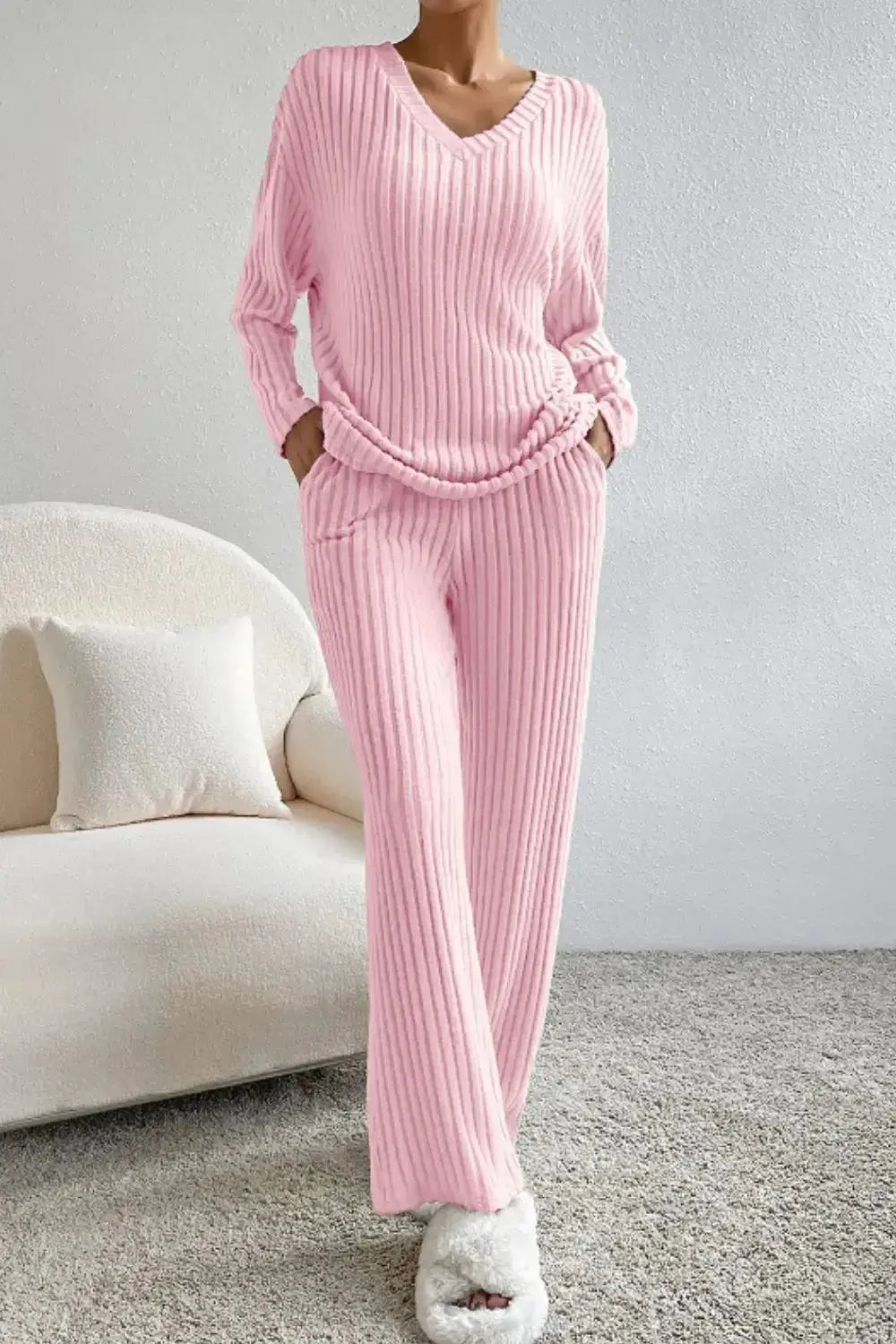 Ribbed V-Neck Top and Pants Lounge Set - Plush Fashion Hub