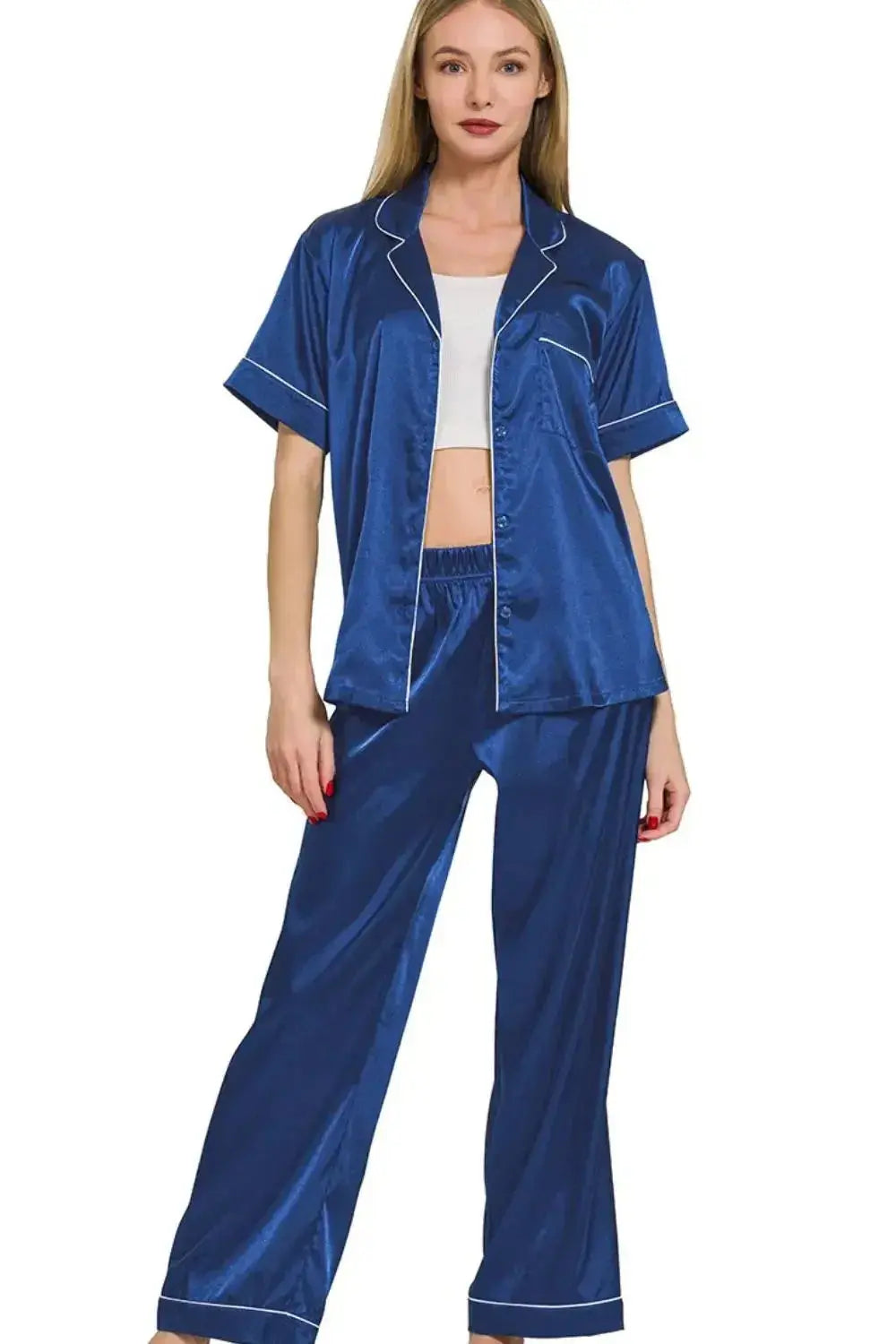 Women’s royal blue satin short sleeve pajama set with button-down top, stylish and comfortable sleepwear from Trendsi.