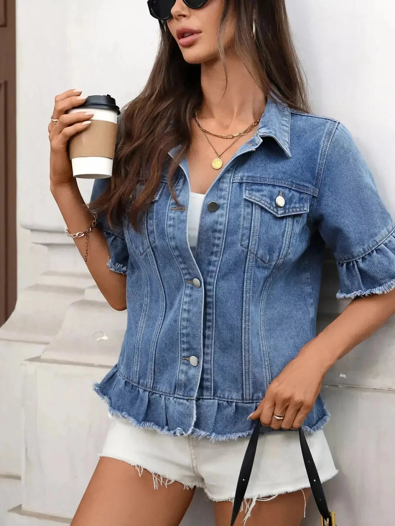 Raw Hem Button Up Denim Jacket - Plush Fashion Hub
