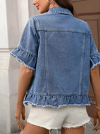 Women’s ruffled raw hem button-up denim jacket by Trendsi, featuring classic denim fabric with stylish ruffle details and a fitted silhouette