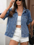 Women's denim jacket with ruffled raw hem and button-up front from Trendsi, stylish and casual outerwear for women.