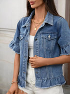 Women’s ruffled raw hem button-up denim jacket by Trendsi, featuring stylish ruffles and classic denim design.