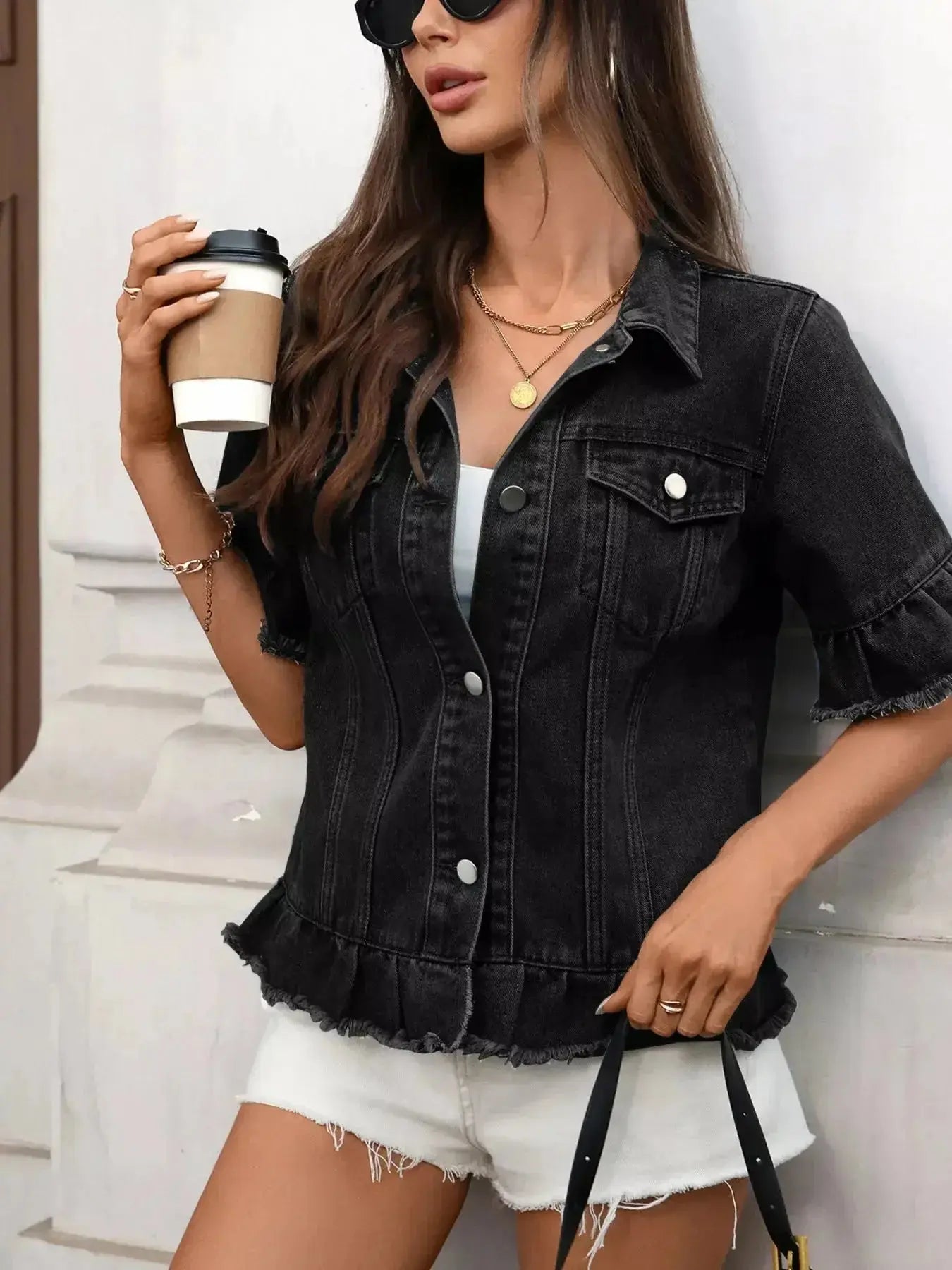 Women’s ruffled raw hem denim jacket by Trendsi featuring button-up front and stylish ruffle details for a trendy look.