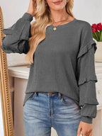 Ruffled Round Neck Long Sleeve Sweatshirt - Plush Fashion Hub