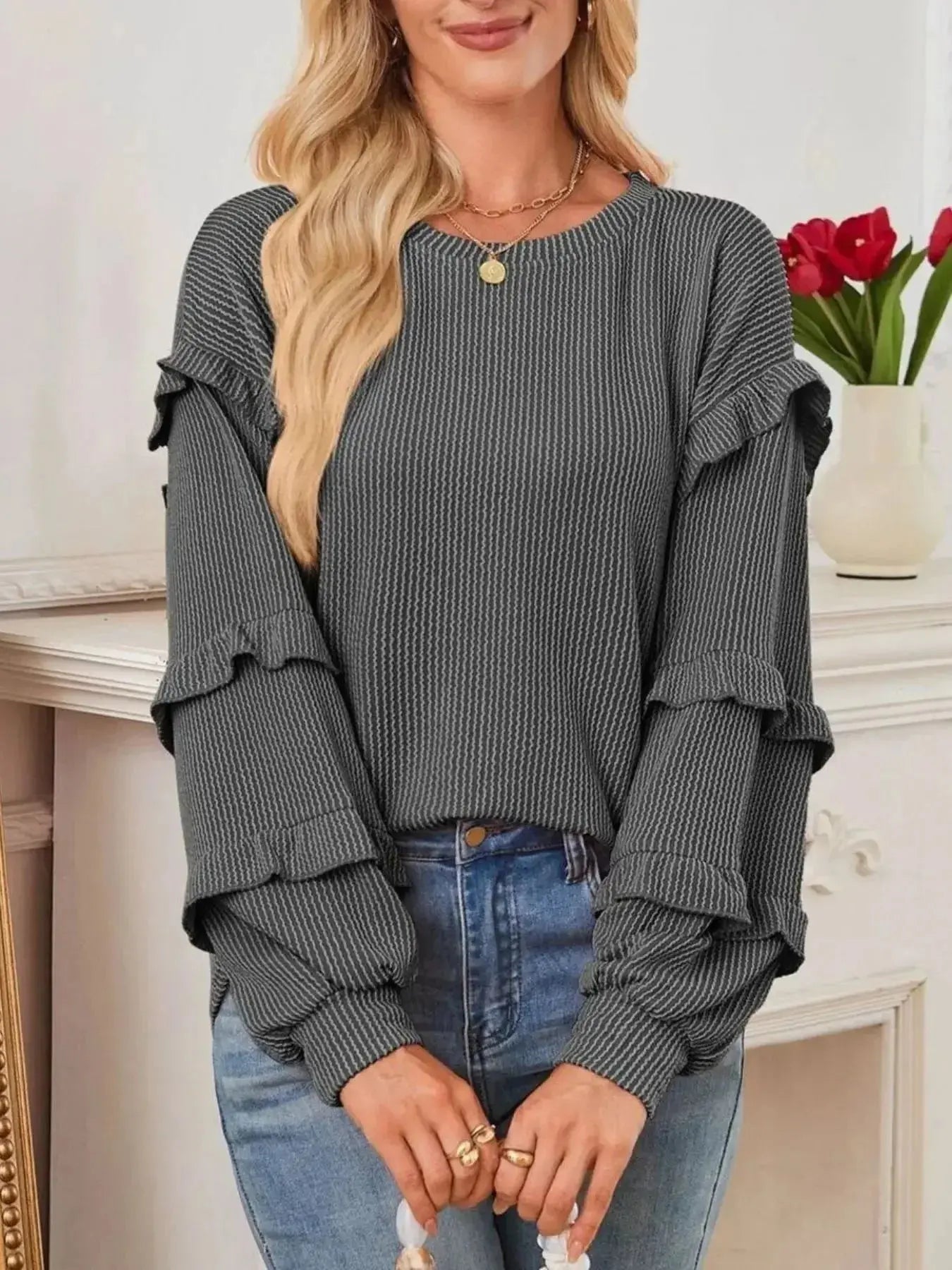 Ruffled Round Neck Long Sleeve Sweatshirt - Plush Fashion Hub