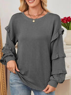 Ruffled Round Neck Long Sleeve Sweatshirt - Plush Fashion Hub