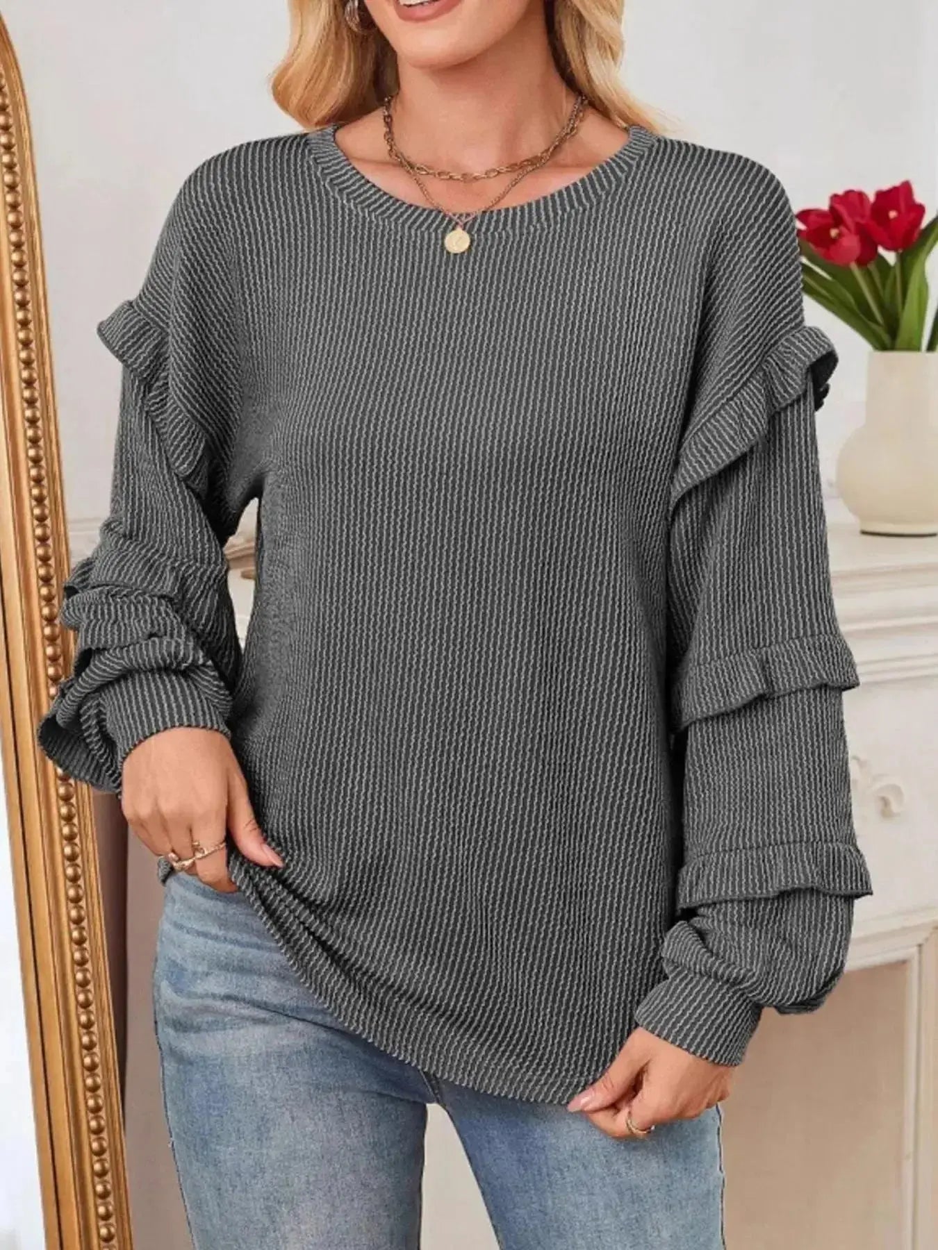 Ruffled Round Neck Long Sleeve Sweatshirt - Plush Fashion Hub