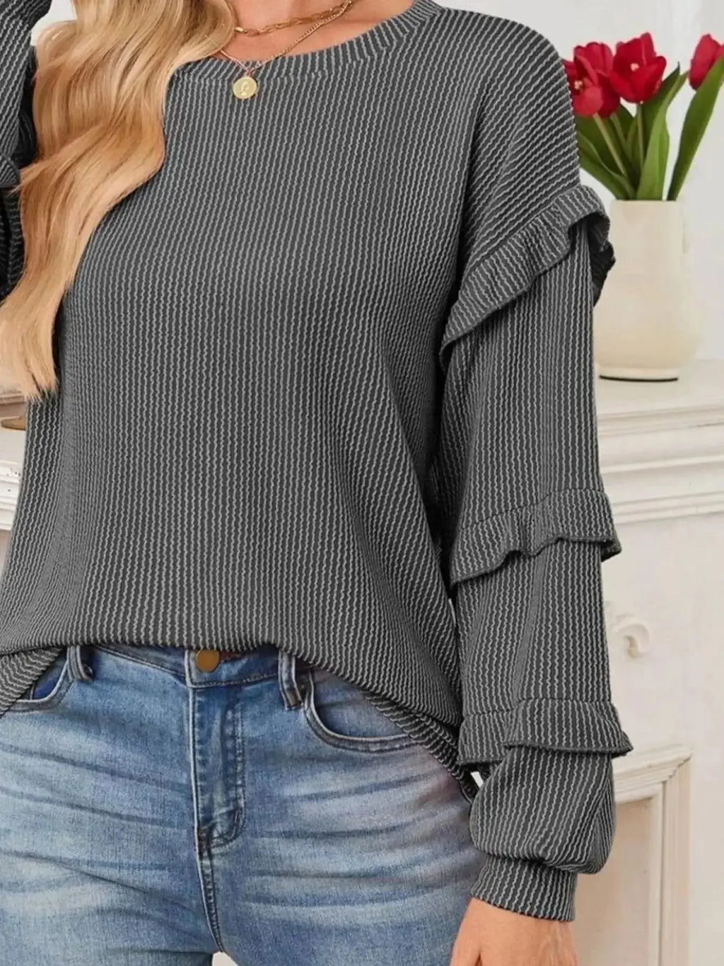 Ruffled Round Neck Long Sleeve Sweatshirt - Plush Fashion Hub
