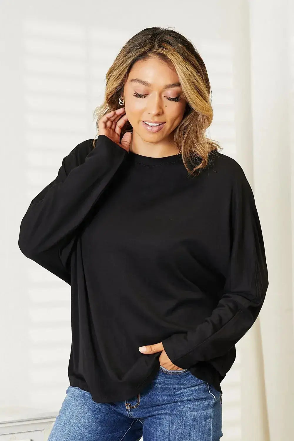 Double Take Seam Detail Round Neck Long Sleeve Top - Plush Fashion Hub