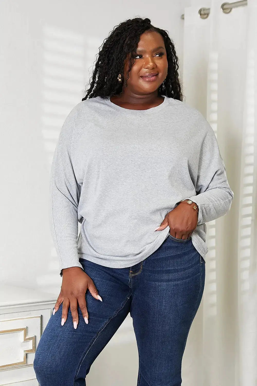 Double Take Seam Detail Round Neck Long Sleeve Top - Plush Fashion Hub