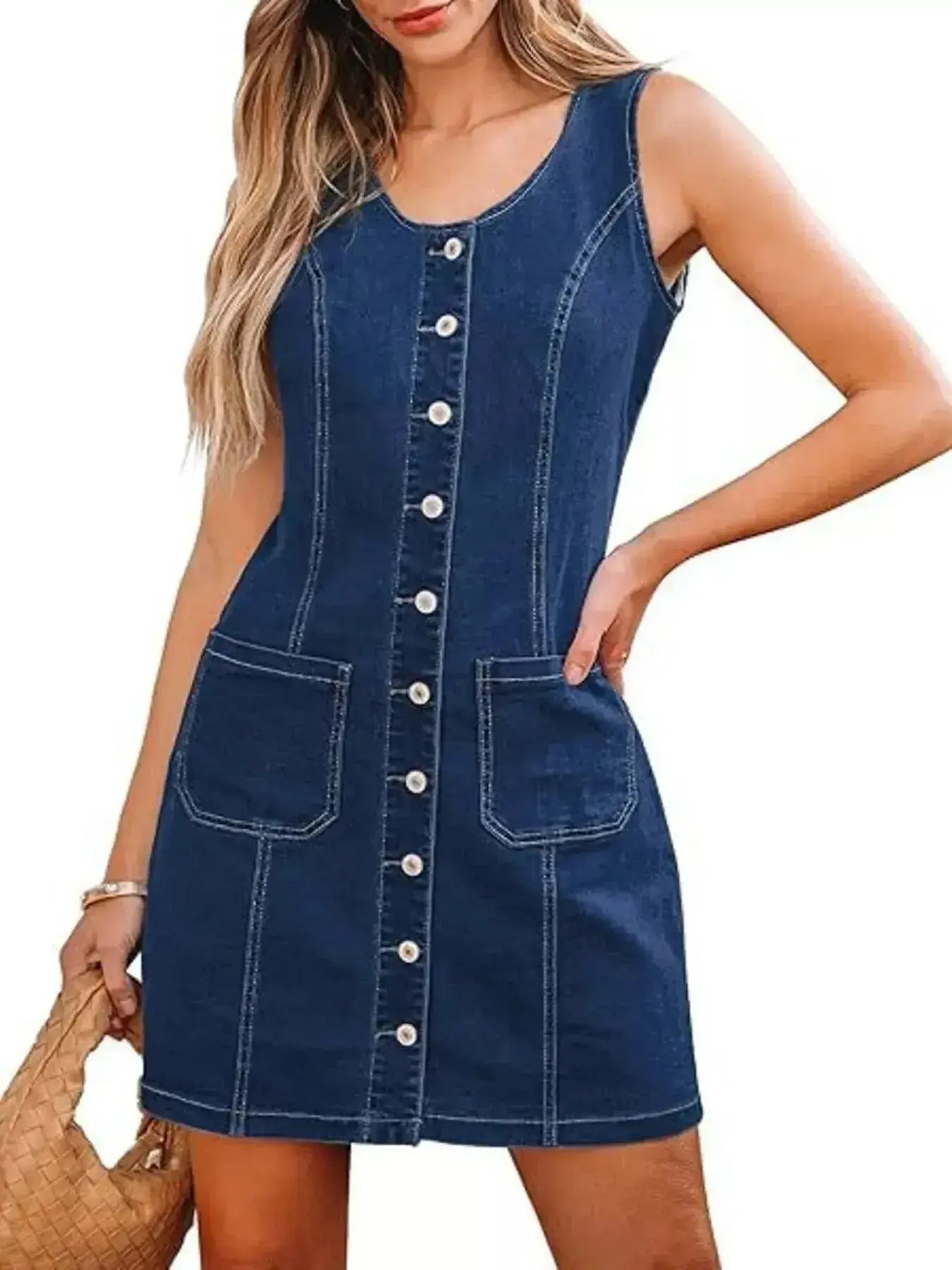 Button-Front Sleeveless Denim Dress - Plush Fashion Hub