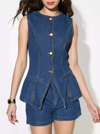 Women's sleeveless denim button-up top and matching shorts set by Trendsi, casual summer outfit, light blue denim fabric.