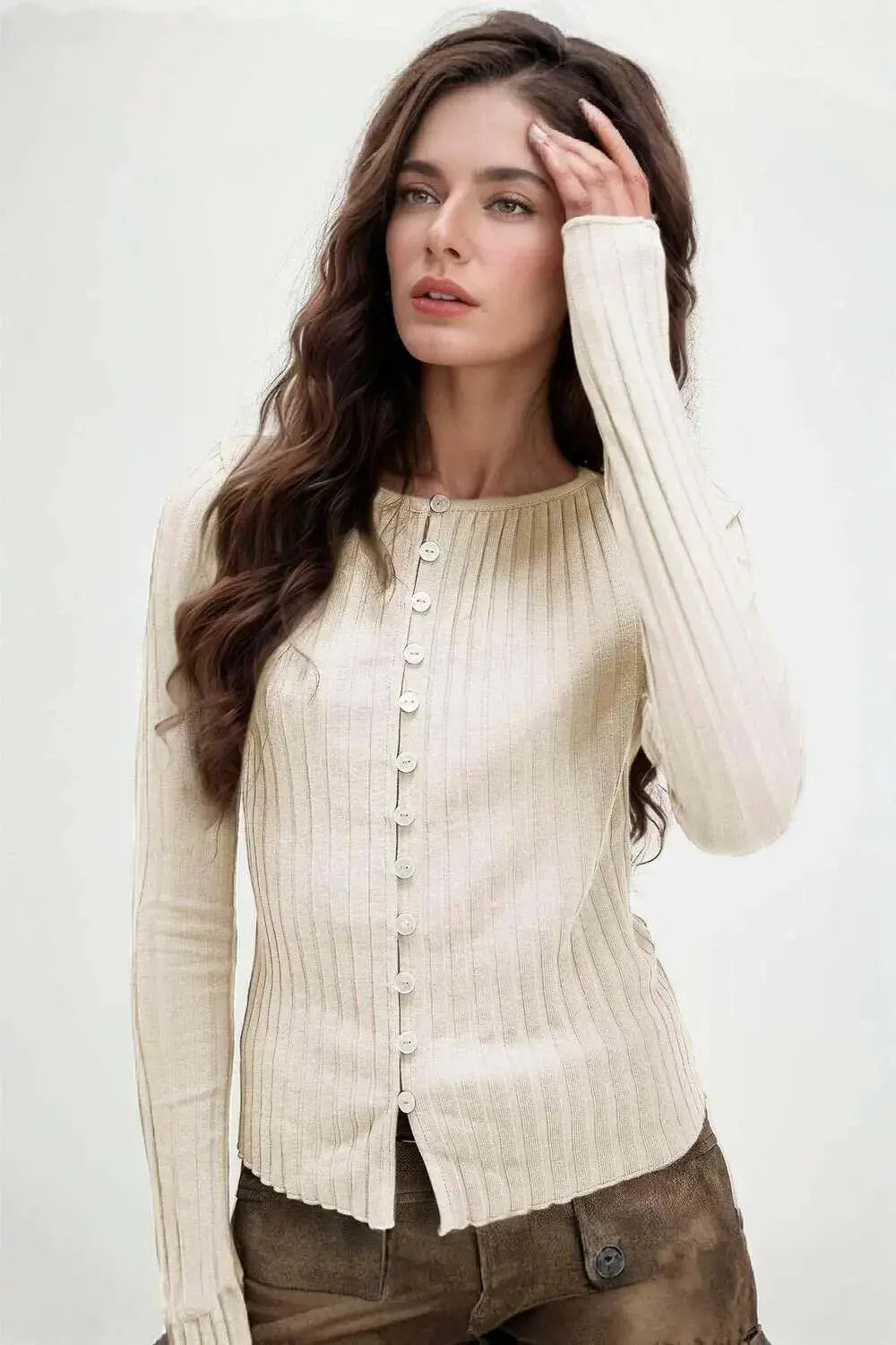 Basic Button Up Round Neck Long Sleeve Top - Plush Fashion Hub