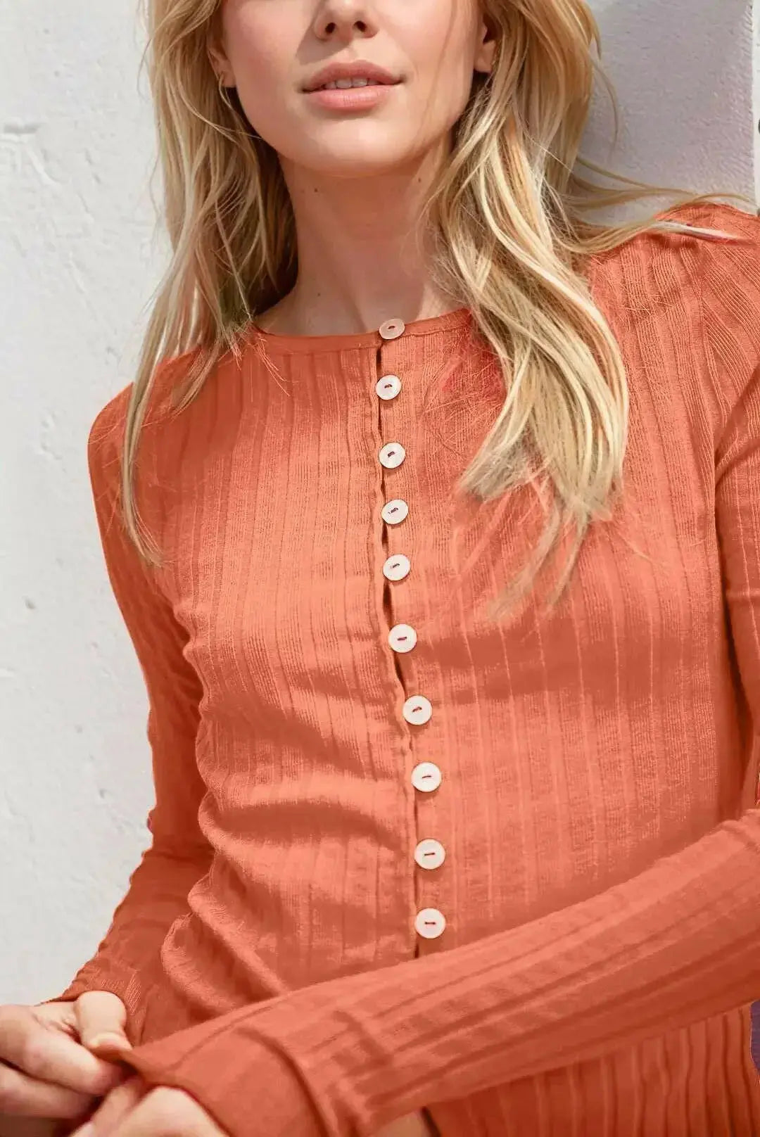 Basic Button Up Round Neck Long Sleeve Top - Plush Fashion Hub