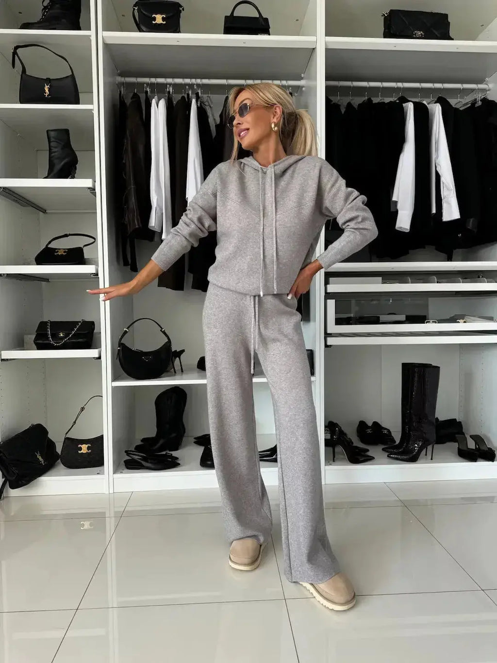 Women's Solid Color Hooded Long Sleeved Sweatshirt Wide Leg Pants Set - Plush Fashion Hub