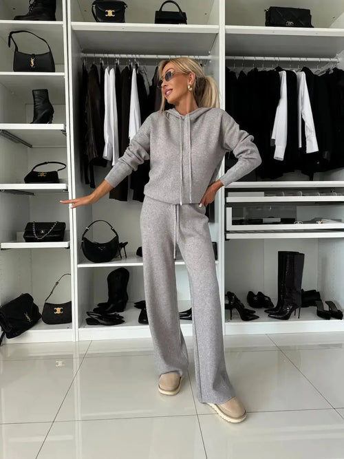 Women's Solid Color Hooded Long Sleeved Sweatshirt Wide Leg Pants Set - Plush Fashion Hub