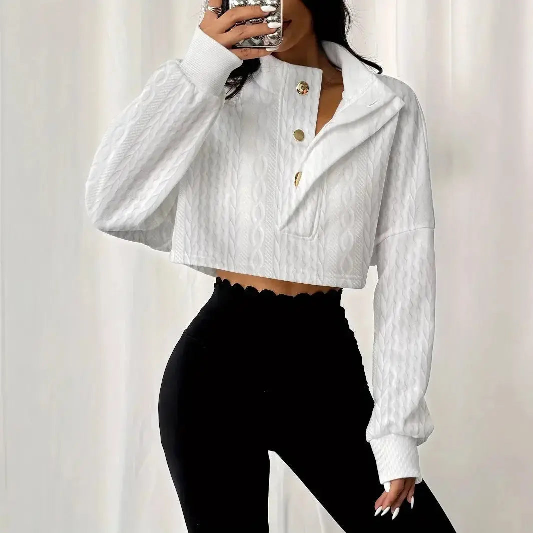 Women's Solid Color Stand Up Collar Front Button Long Sleeved Textured Short Hoodie - Plush Fashion Hub