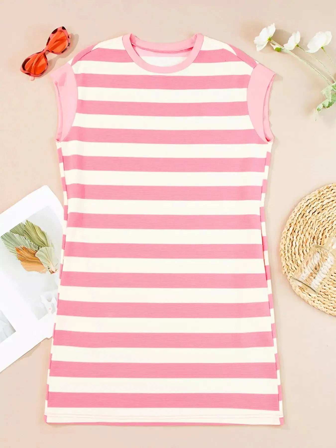 Stripe Cap Sleeve Pocketed Shift Dress - Plush Fashion Hub