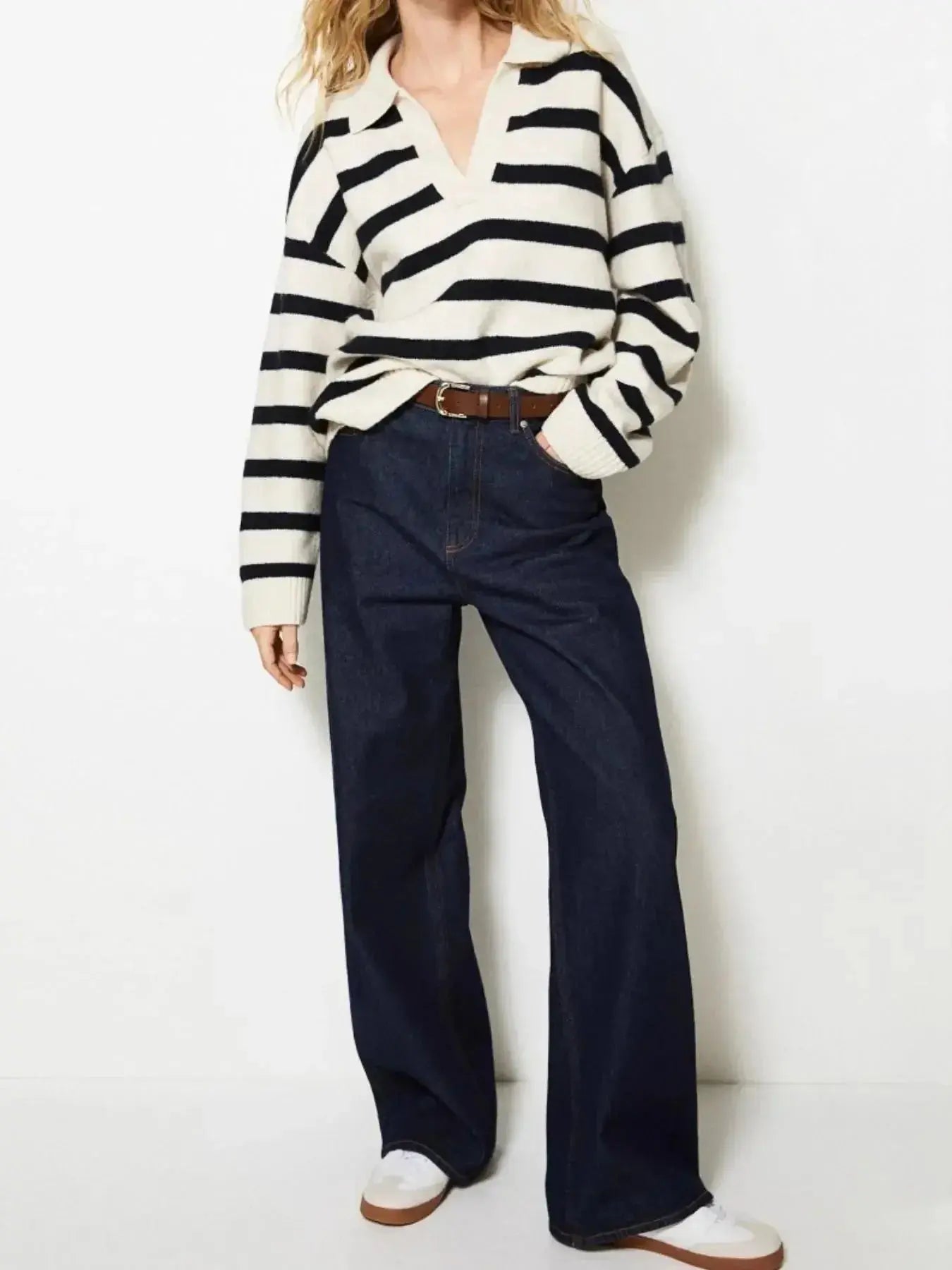 Striped Johnny Collar Long Sleeve Sweater - Plush Fashion Hub