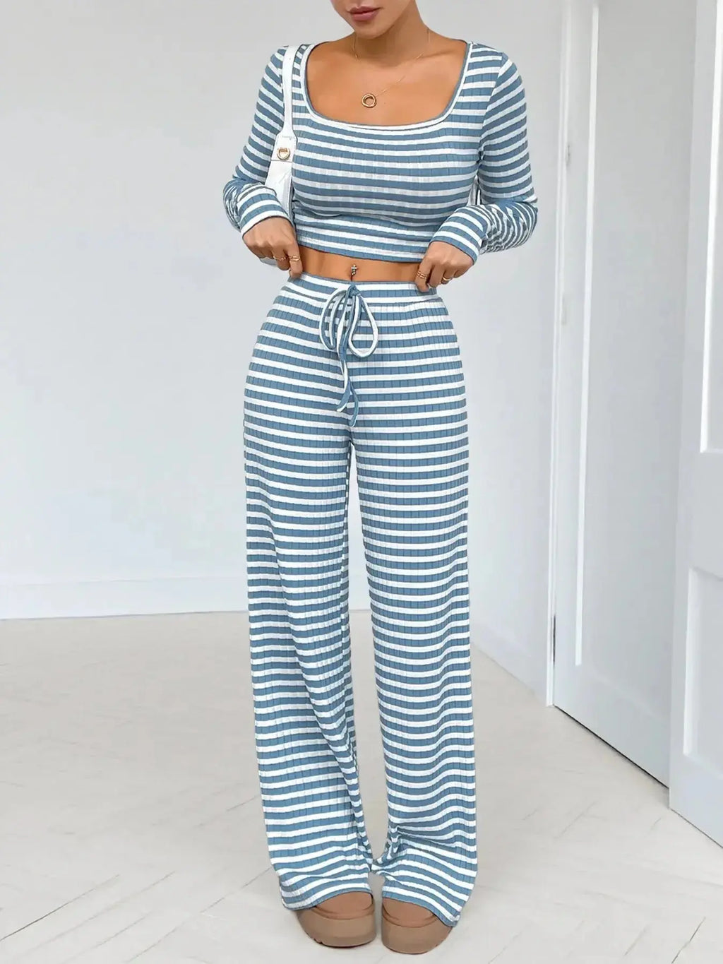 Striped Square Neck Long Sleeve Top and Pants Lounge Set - Plush Fashion Hub