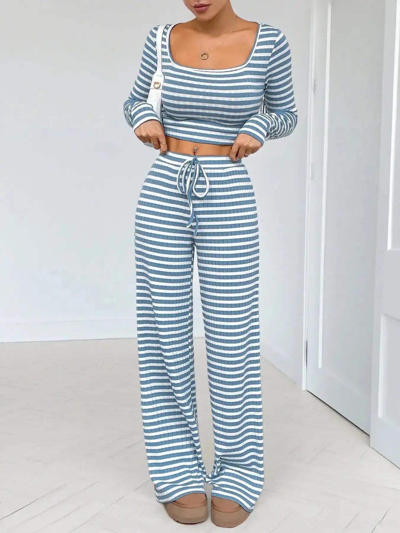 Striped Square Neck Long Sleeve Top and Pants Lounge Set - Plush Fashion Hub