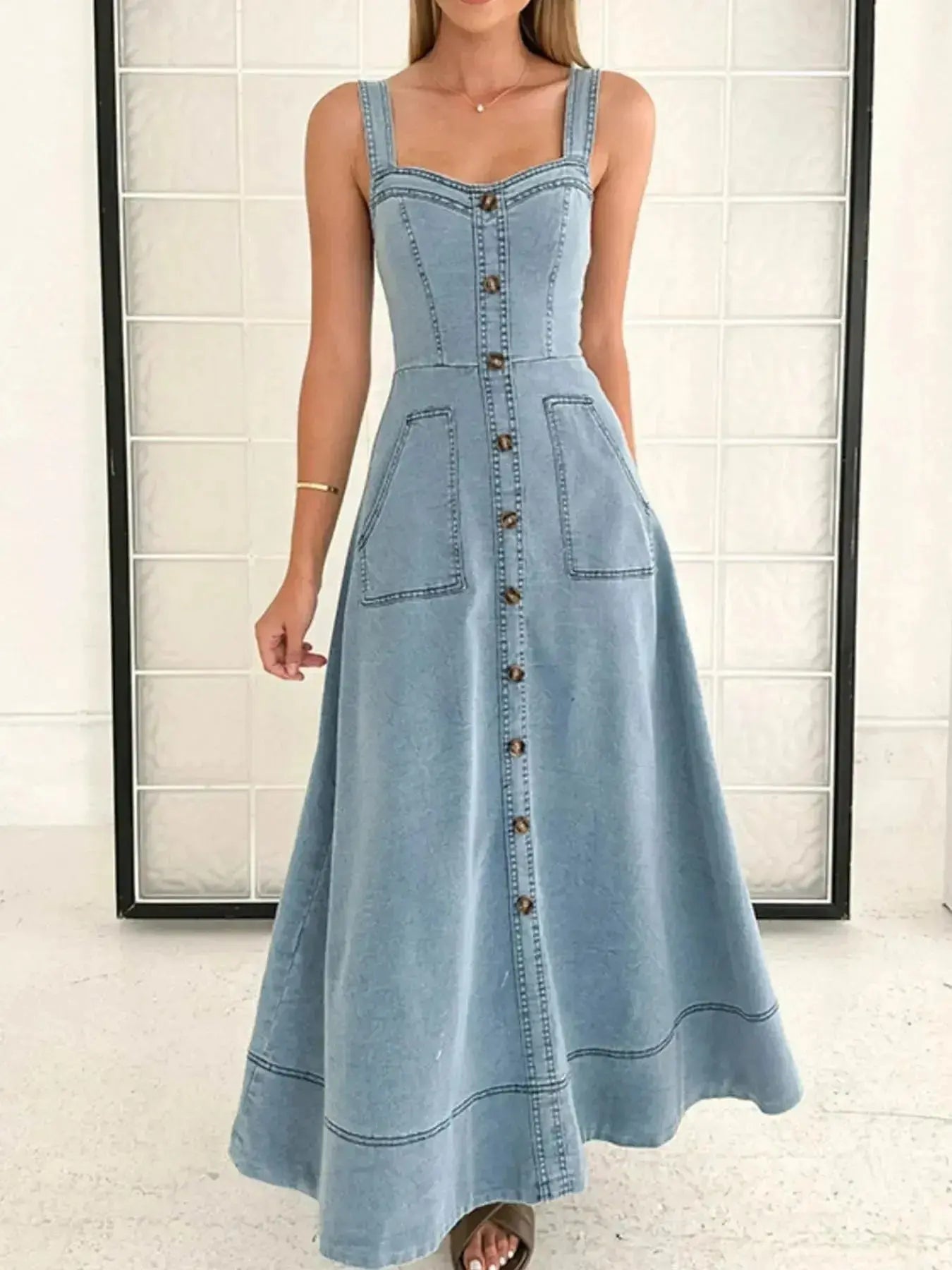 Wide Strap Sweetheart Neck Denim Dress - Plush Fashion Hub