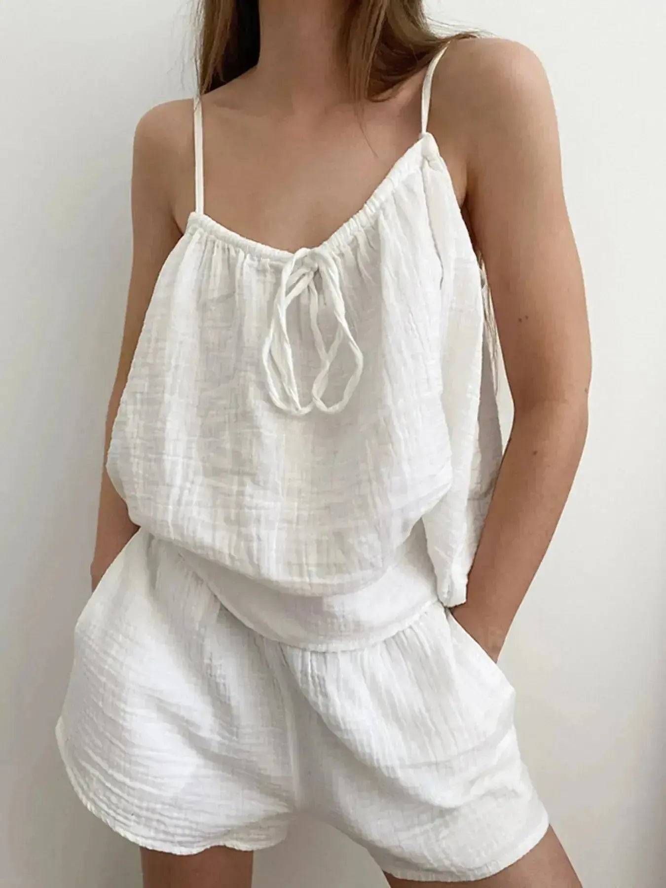Tie Front Cami and Shorts Lounge Set - Plush Fashion Hub