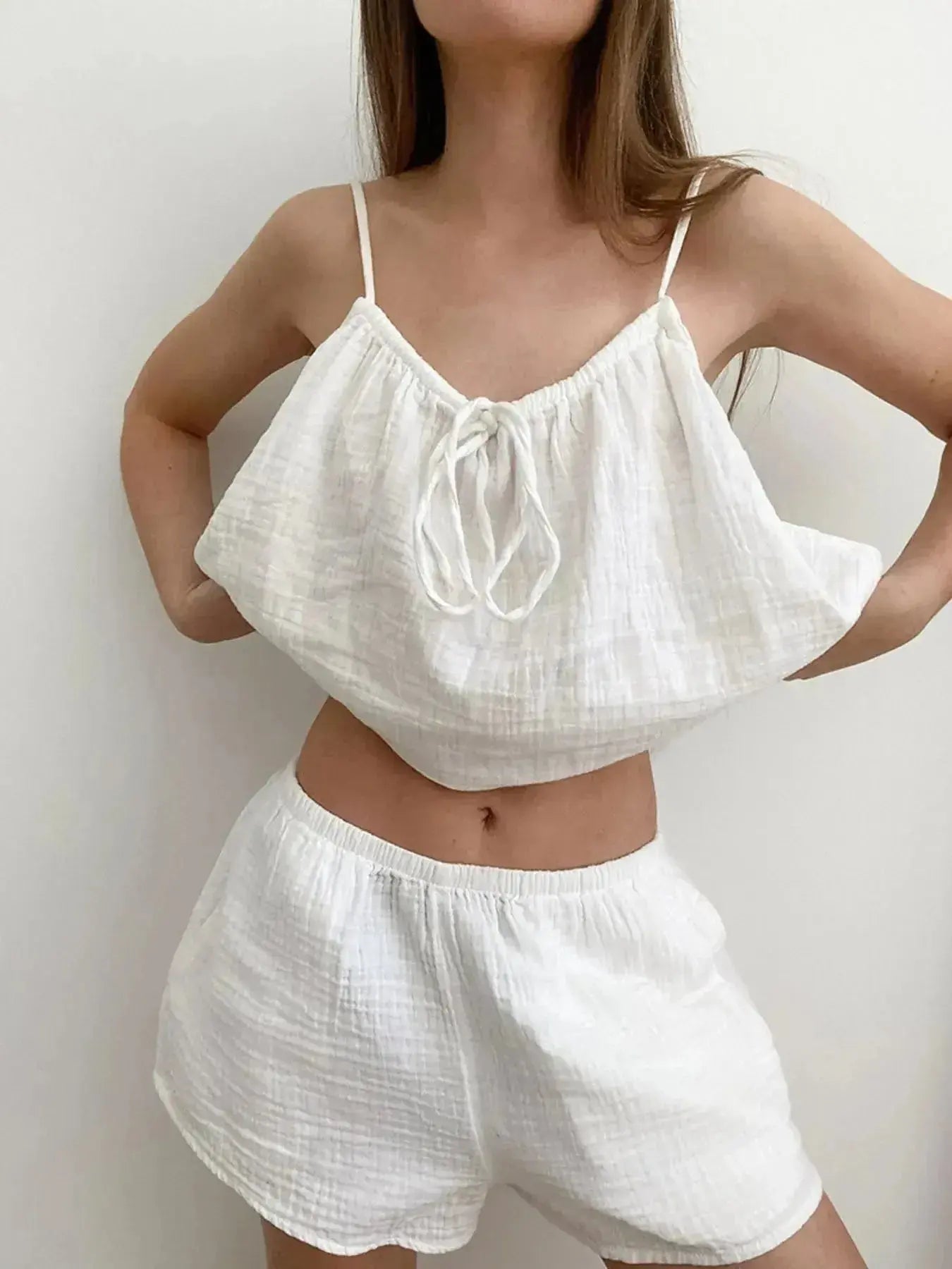 Tie Front Cami and Shorts Lounge Set - Plush Fashion Hub