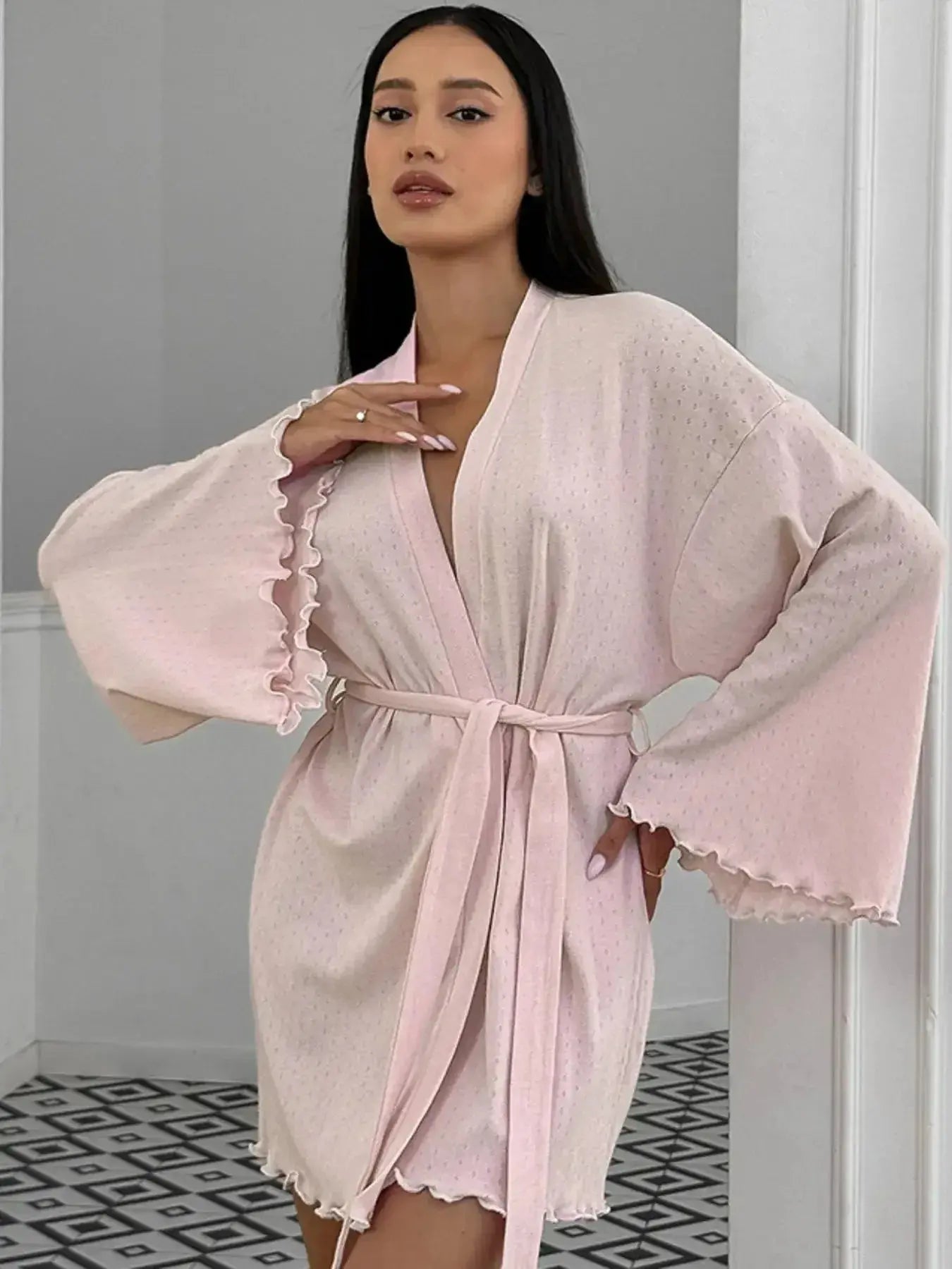 Tie Waist Kimono Sleeve Lounge Nightgown - Plush Fashion Hub